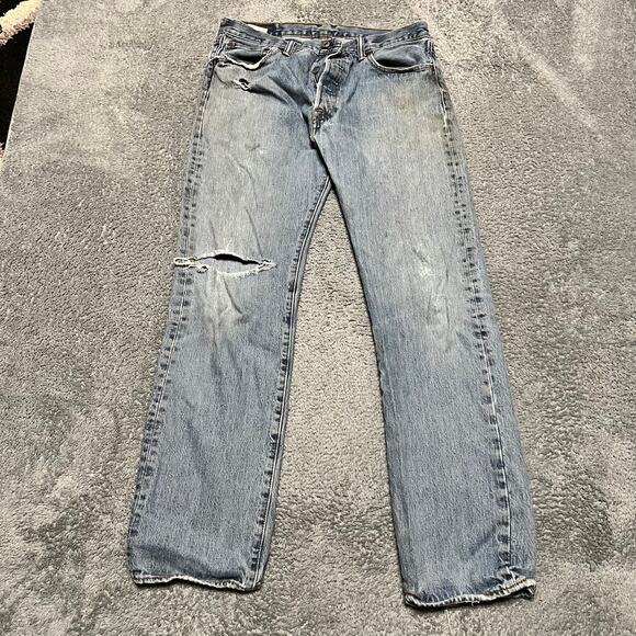 Levis 501 XX Jeans Mens 34 x32 Blue Distressed Button Fly Straight Leg Denim - Picture 1 of 14